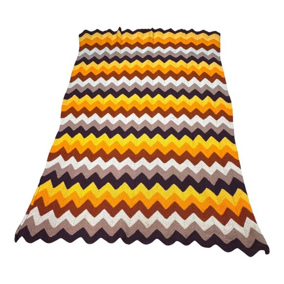 Vintage Chevron Afghan Blanket Crochet Yellow Orange Brown White Zigzag Throw - Picture 3 of 4